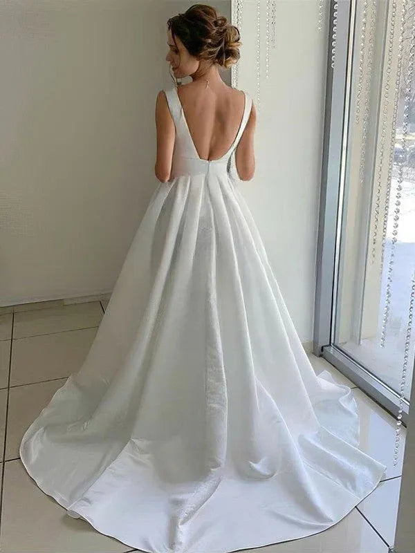 Deep V-neckline With Wide Straps Vintage Brush Sleeveless Satin A-Line Wedding Dress with Bow Detail