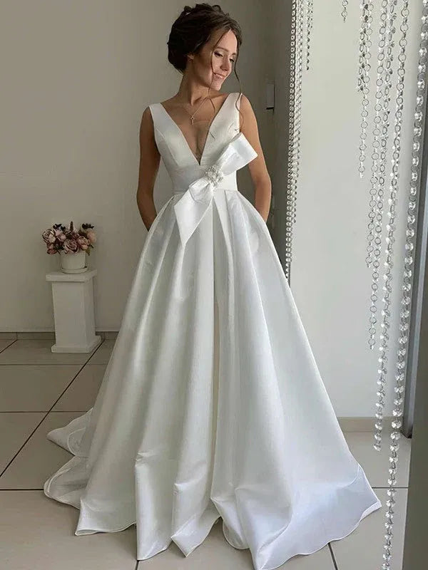 Deep V-neckline With Wide Straps Vintage Brush Sleeveless Satin A-Line Wedding Dress with Bow Detail
