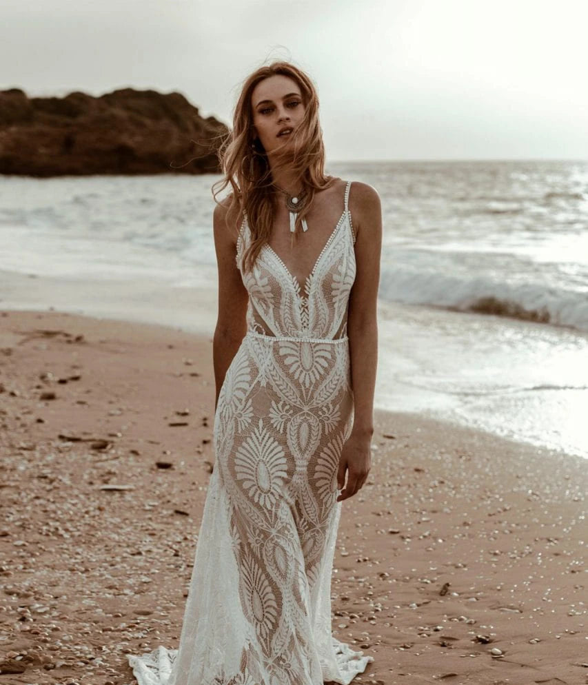 Deep V-neckline with beaded trim and spaghetti straps Bohemian Lace Mermaid Wedding Dress