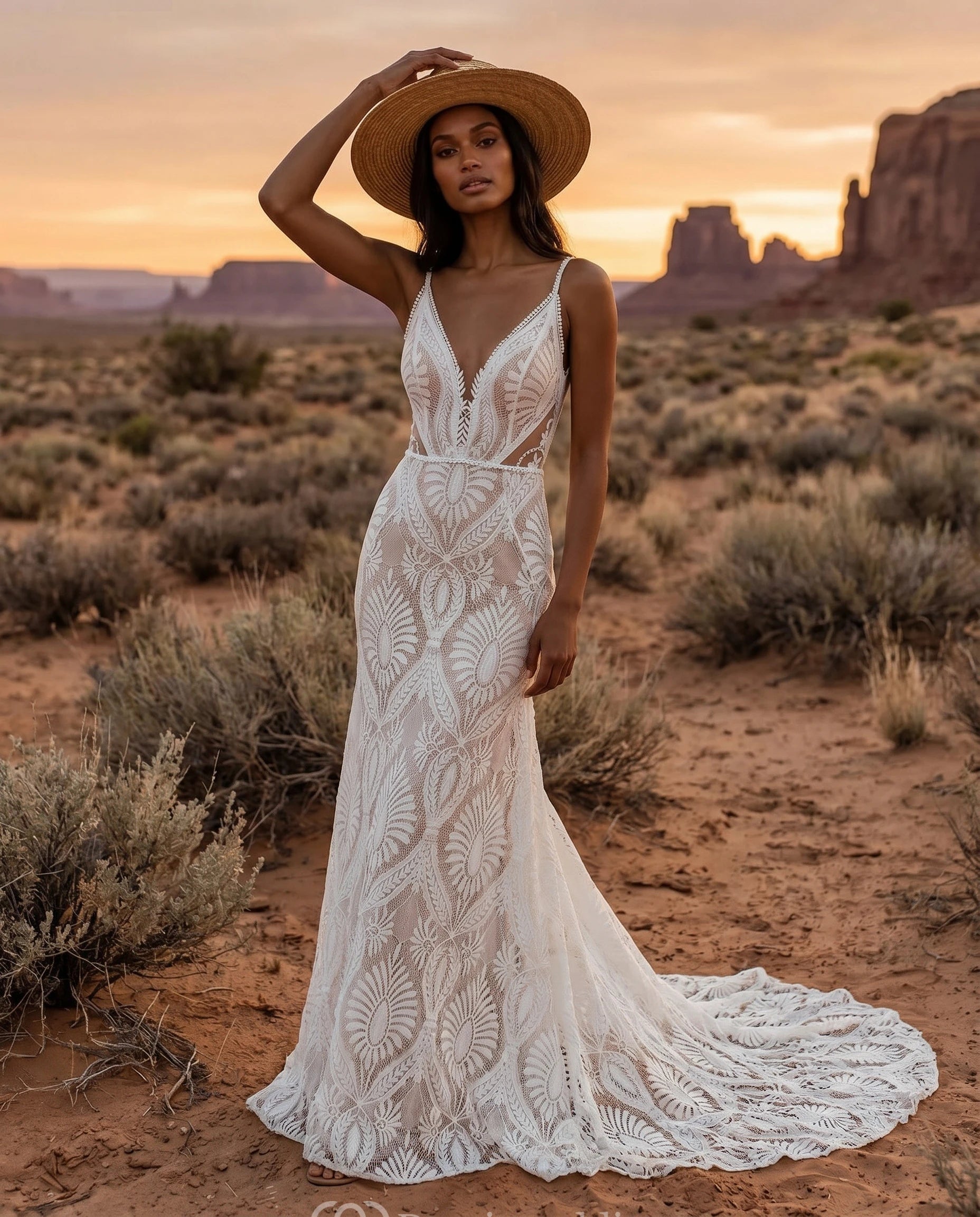 Deep V-neckline with beaded trim and spaghetti straps Bohemian Lace Mermaid Wedding Dress