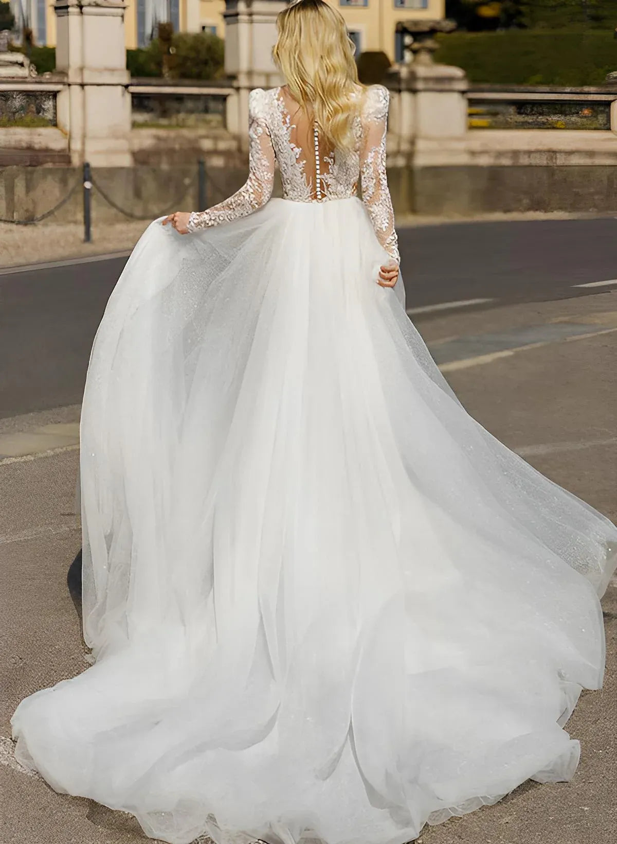 Deep V-neckline with illusion Long Sleeve Lace Mermaid Brush Train Wedding Dress with Detachable Tulle Overskirt