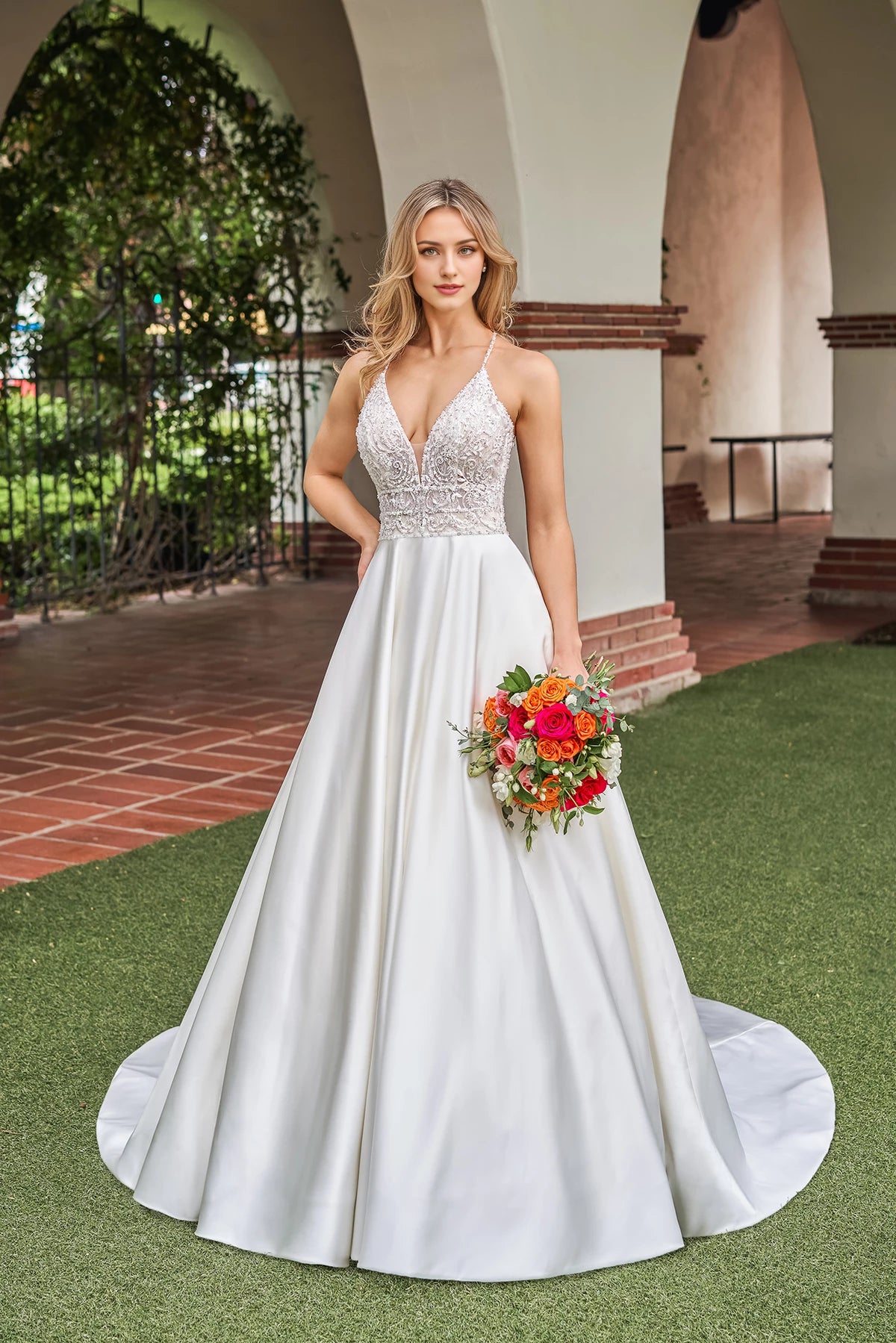 Deep V-neck off shoulder sleeveless lace floral patch backless and floor length wedding dress