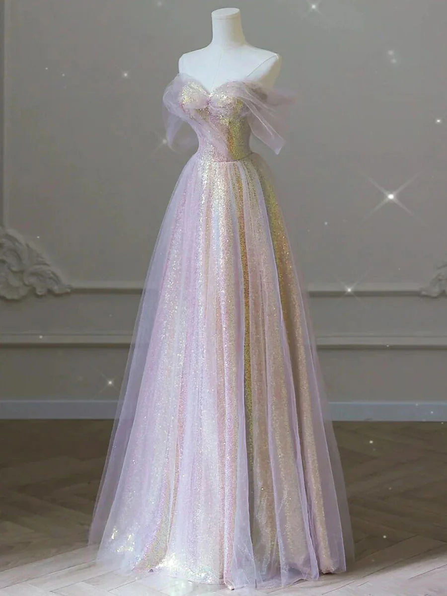 Sweetheart Neck Tulle Sequin Long Prom Dress Tulle Party Dress
