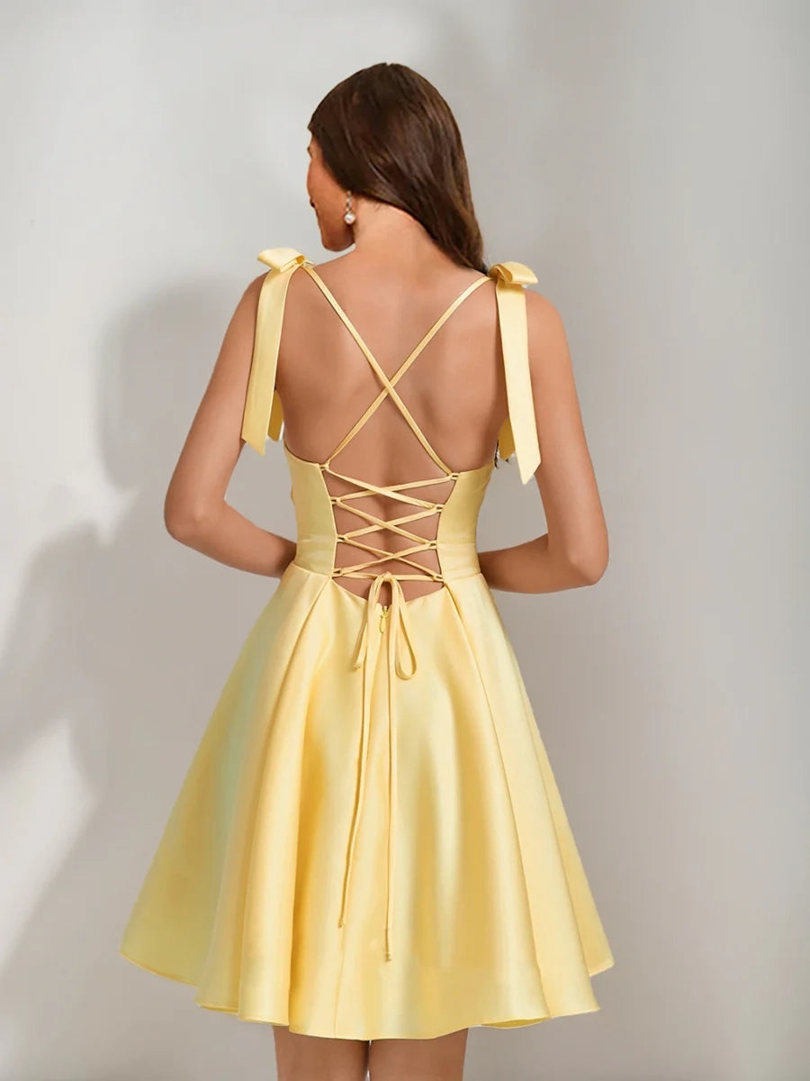 DingJi Wedding A-line Bow Princess Square Fold Mini Short Homecoming Dresses