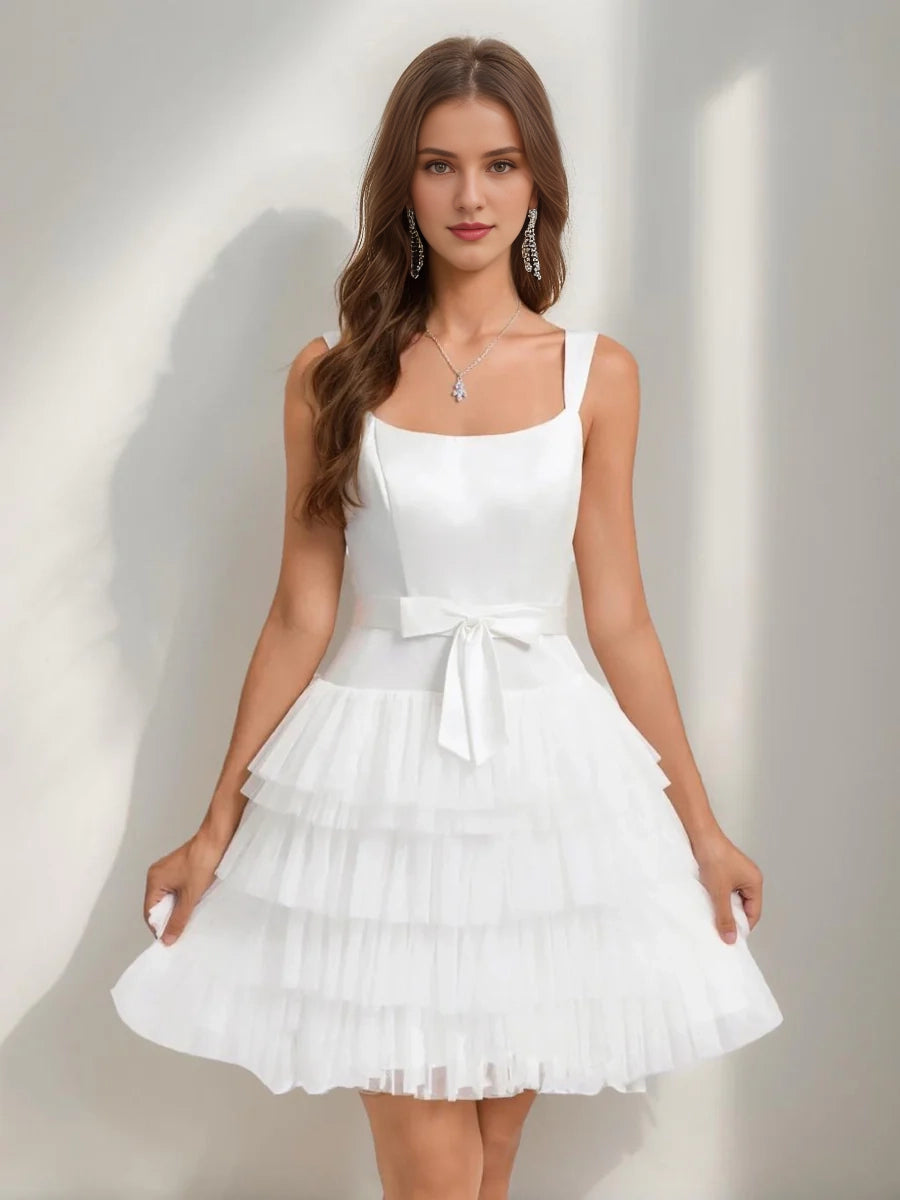 DingJi Wedding A-line Bow Princess Square Sleeveless Layered Short Homecoming Dresses