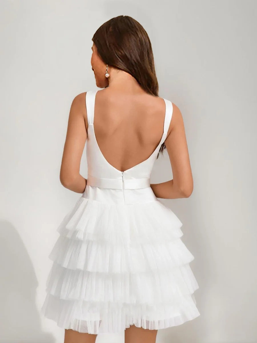 DingJi Wedding A-line Bow Princess Square Sleeveless Layered Short Homecoming Dresses