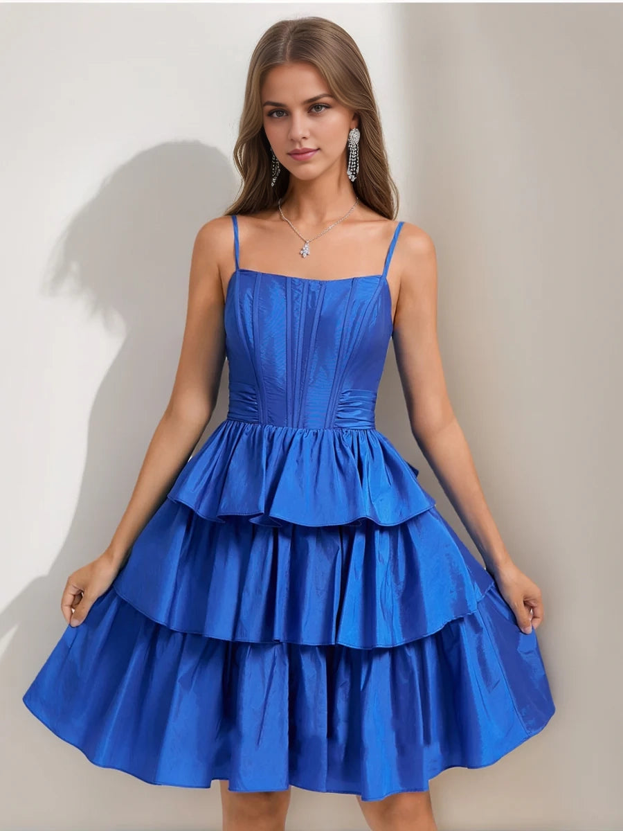 DingJi Wedding A-line Princess Shoulder Strap with ruffle edge Layered Short Bow Homecoming Dresses