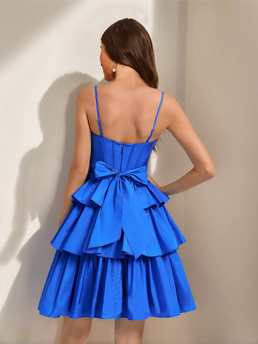 DingJi Wedding A-line Princess Shoulder Strap with ruffle edge Layered Short Bow Homecoming Dresses