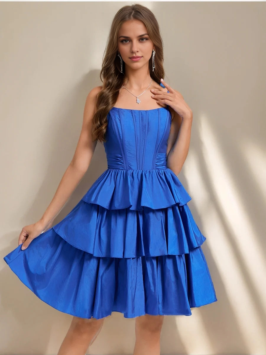 DingJi Wedding A-line Princess Shoulder Strap with ruffle edge Layered Short Bow Homecoming Dresses