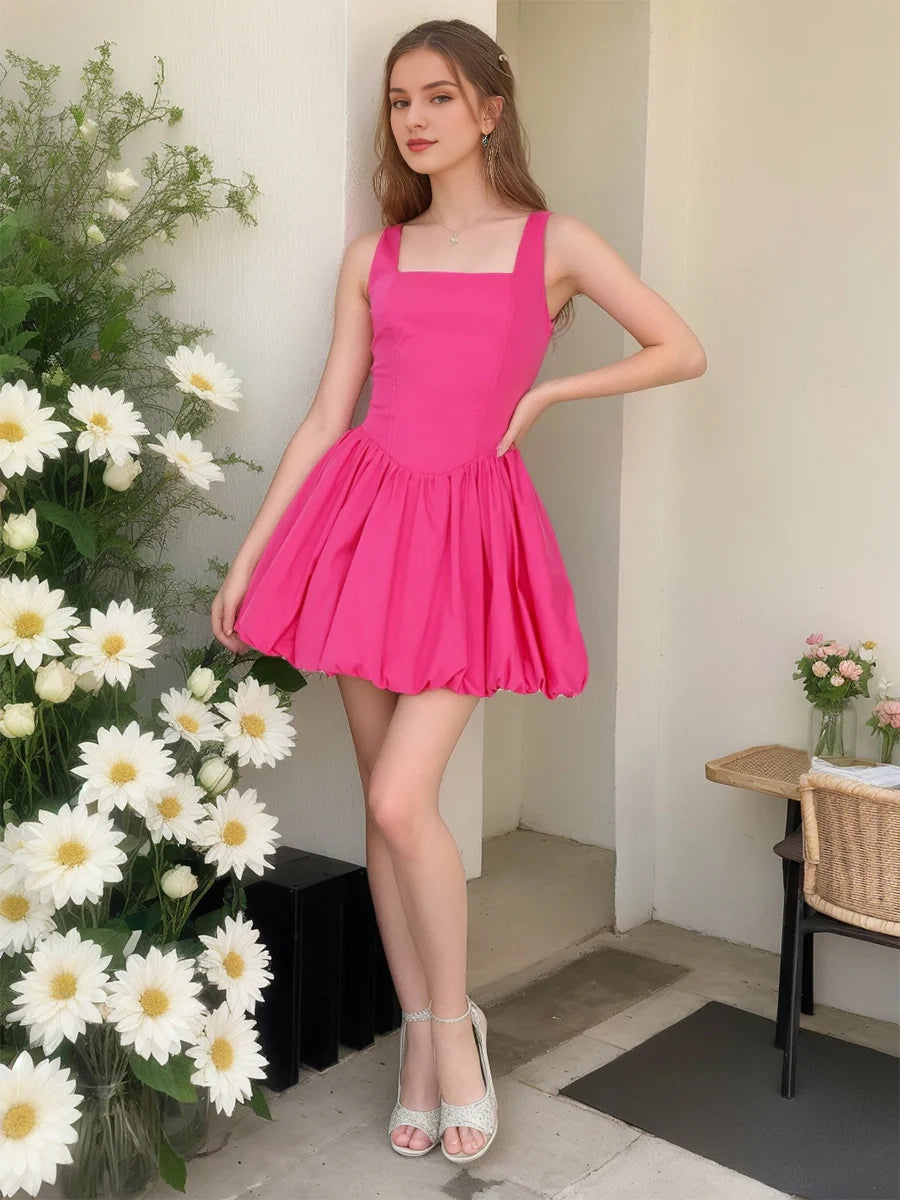 DingJi Wedding A-line princess square neck sleeveless short pleated Homecoming Dresses
