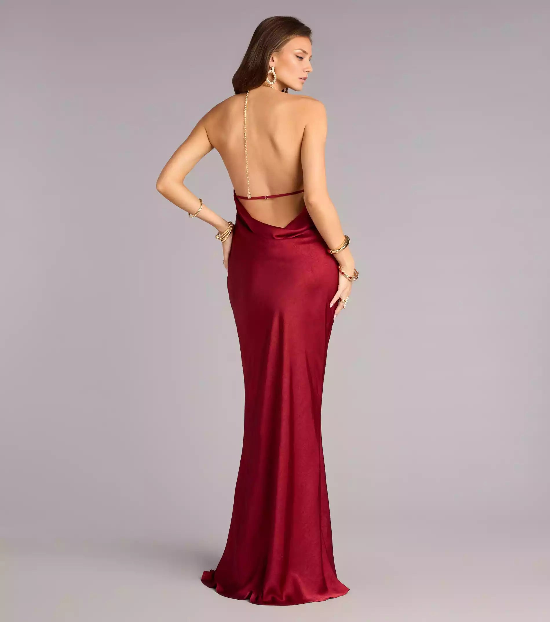 Charming satin halter neckline, backless, adjustable shoulder straps, draped pleats, mermaid silhouette and hemline Prom Dresses