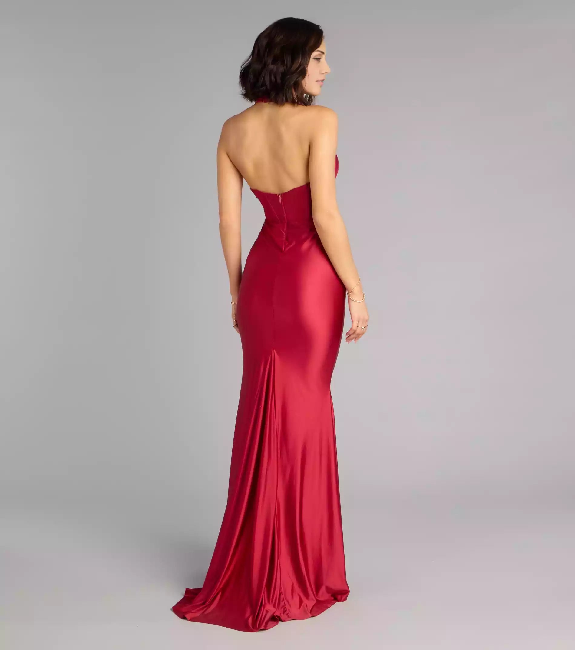 Elegant satin deep V backless neckline tight corset back zipper closure mermaid silhouette Prom Dresses