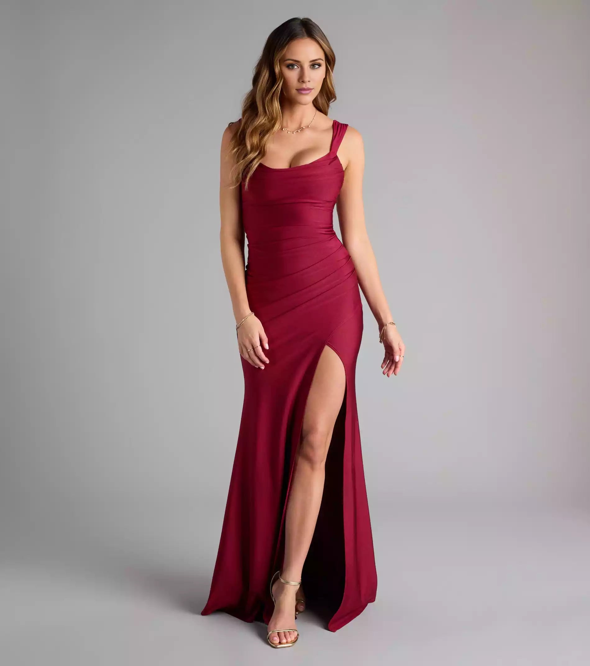 Charming smooth knit round neck wide shoulder strap open back high slit mermaid silhouette Prom Dresses