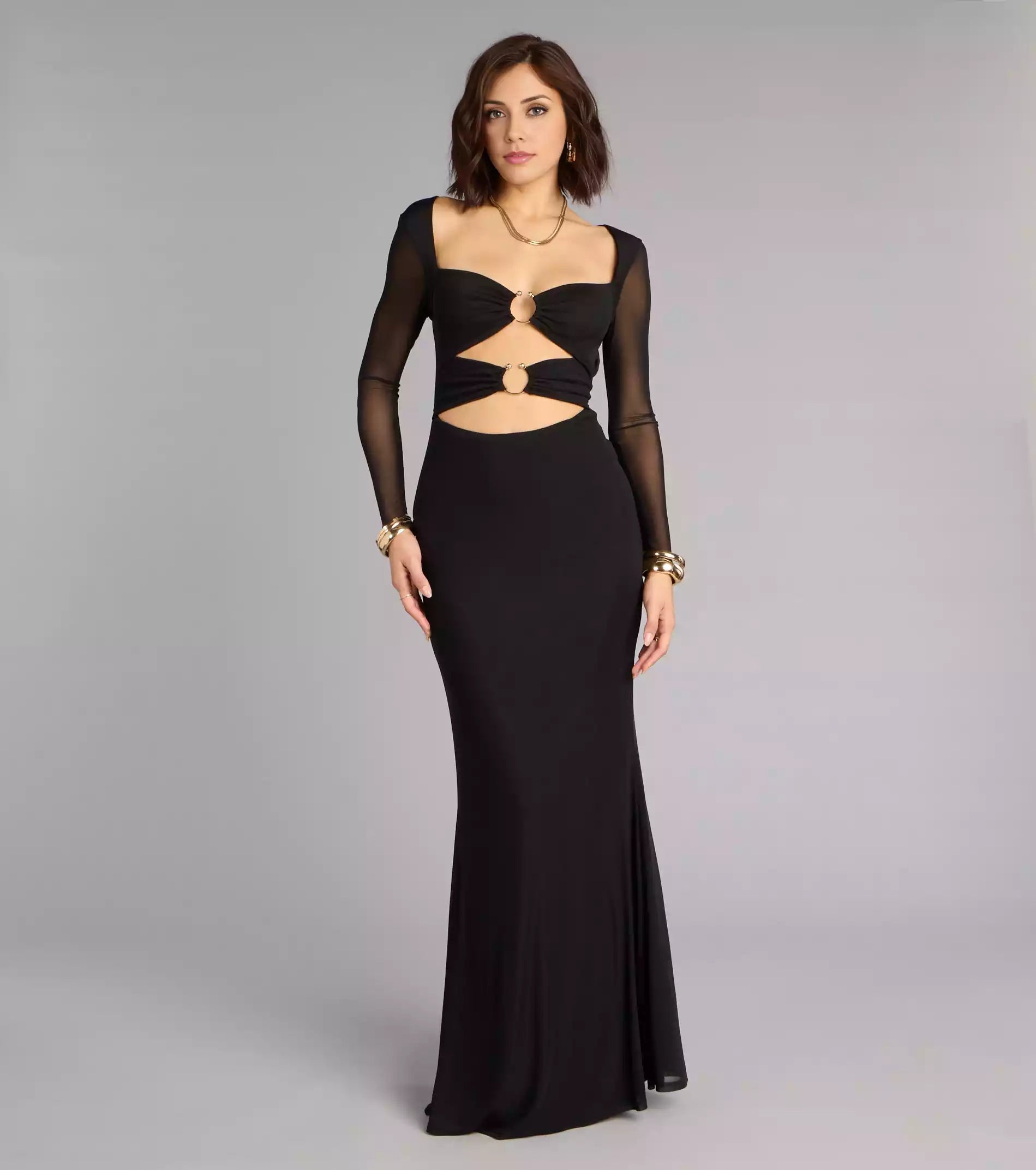 Enchanting deep V-neck slim fit sheer long sleeved waist with hollowed out lace up details mermaid silhouette Prom Dresses