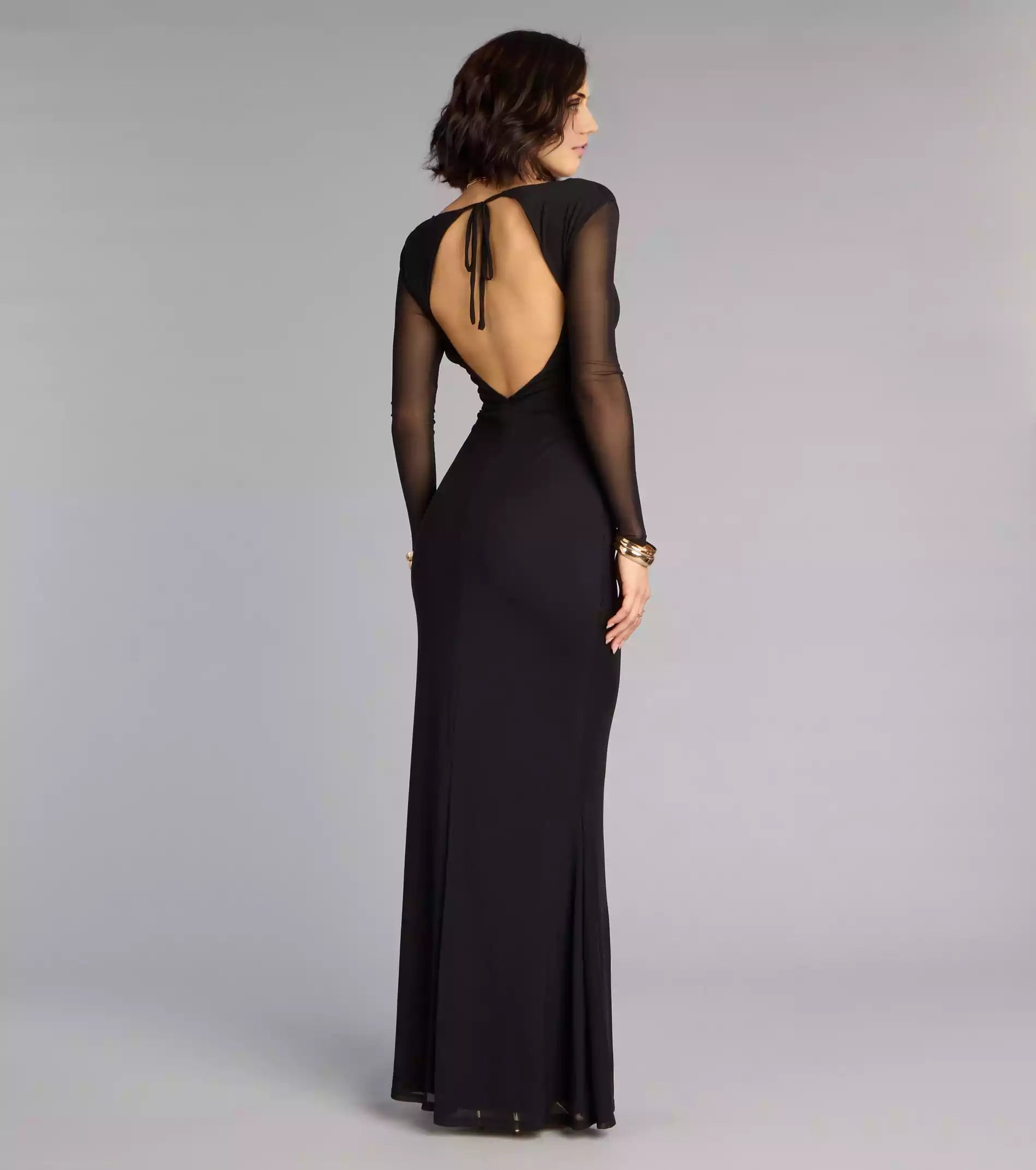 Enchanting deep V-neck slim fit sheer long sleeved waist with hollowed out lace up details mermaid silhouette Prom Dresses