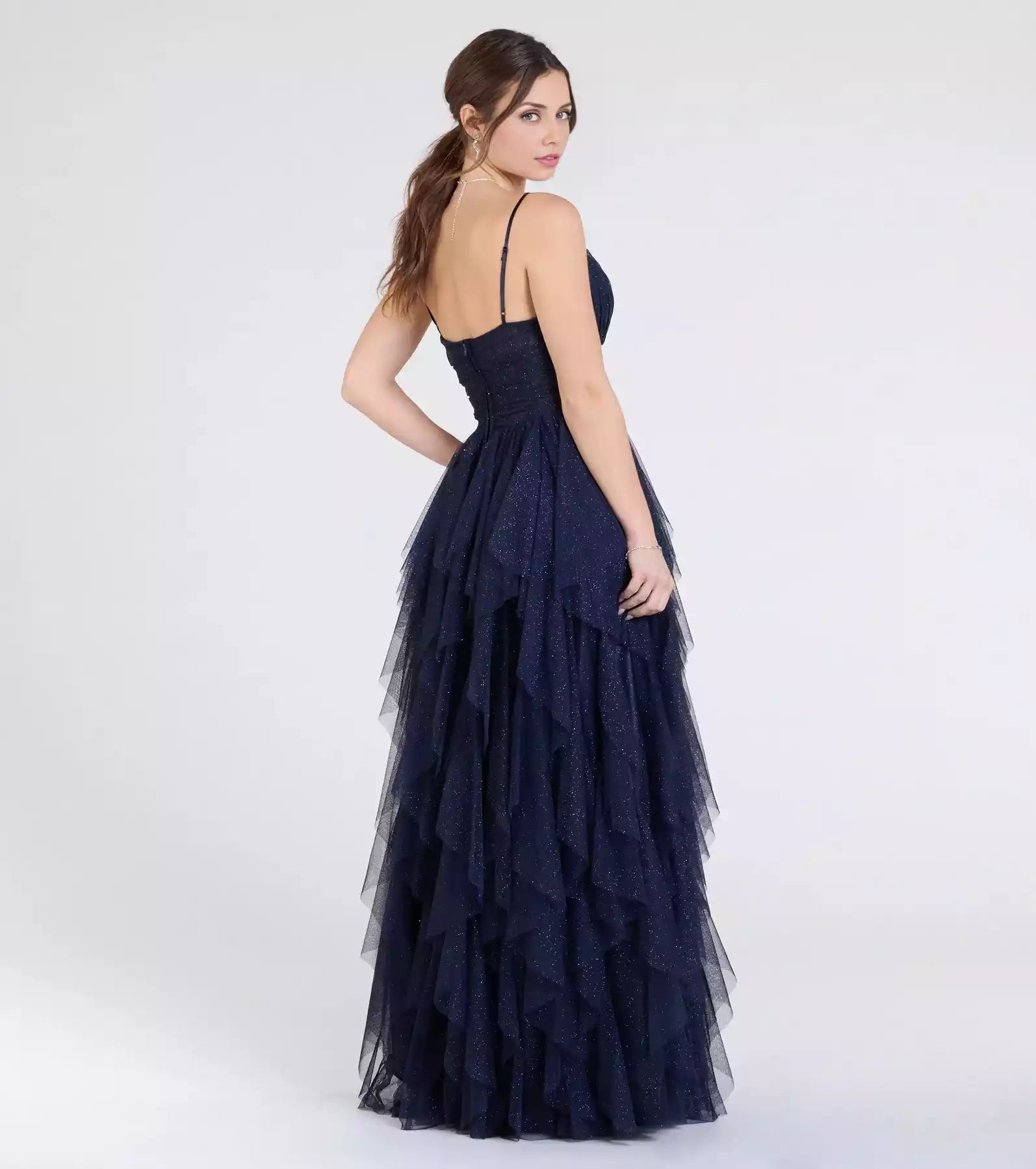 Gorgeous shimmering mesh lining V-neck adjustable thin shoulder straps transparent tight corset ruffled A-line silhouette Prom Dresses