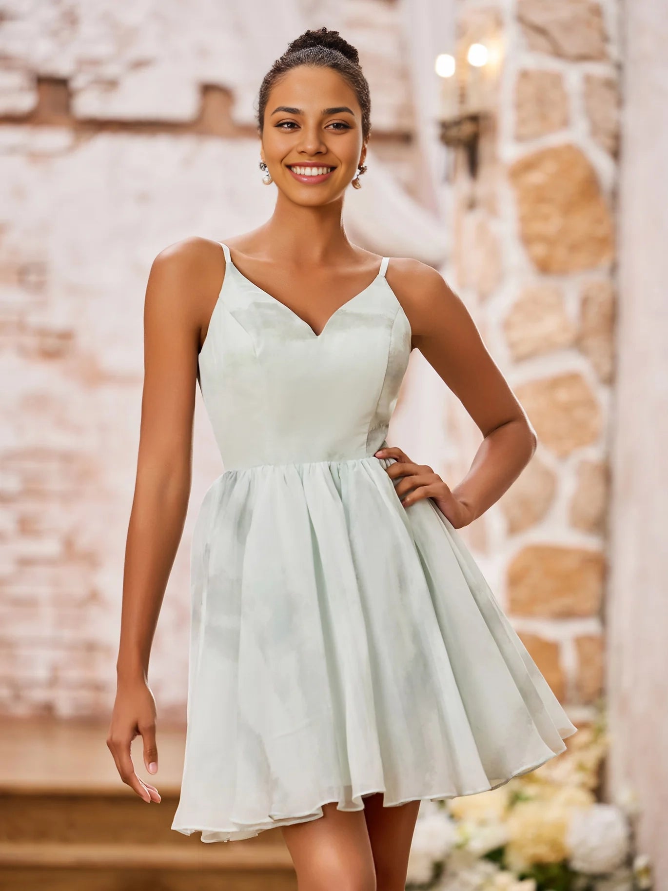 DingJi Wedding Princess Printed Chiffon Mini Homecoming Dresses with Thin Shoulder Straps