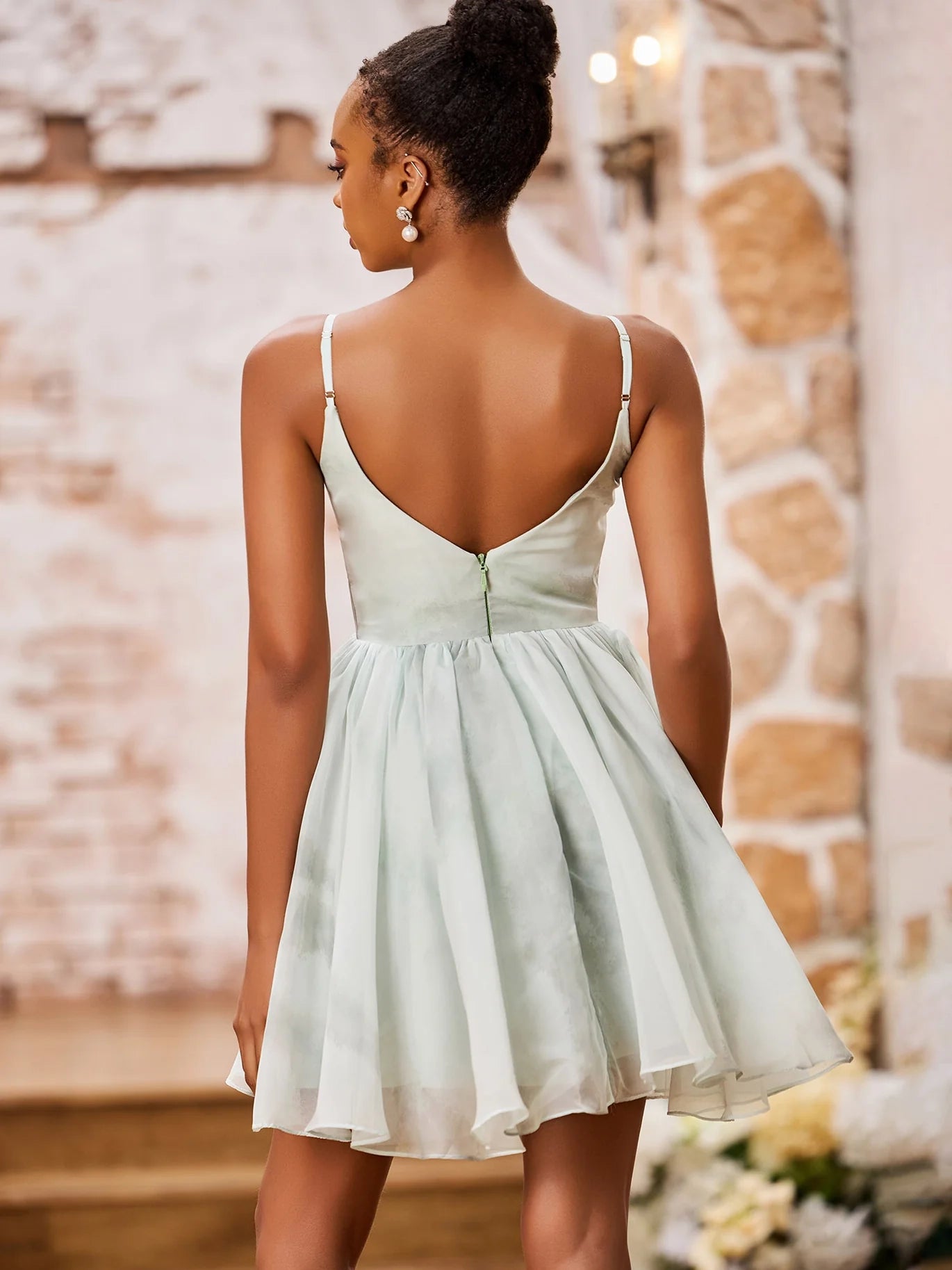 DingJi Wedding Princess Printed Chiffon Mini Homecoming Dresses with Thin Shoulder Straps