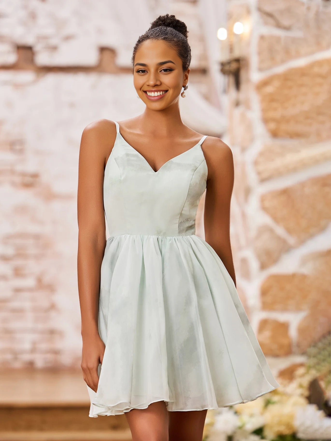 DingJi Wedding Princess Printed Chiffon Mini Homecoming Dresses with Thin Shoulder Straps