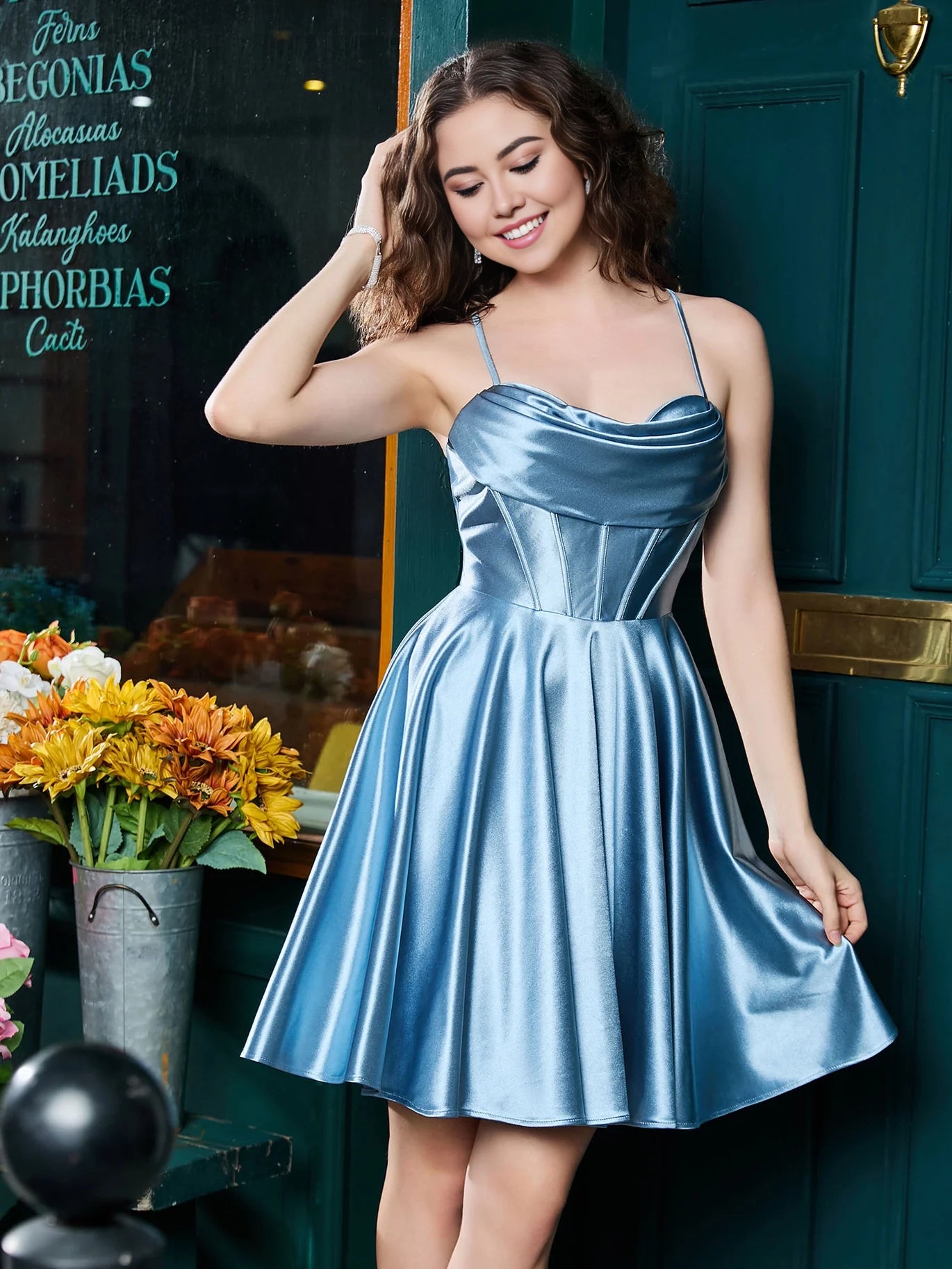 DingJi Wedding Thin Shoulder Strap Elastic Satin Mini Homecoming Dresses