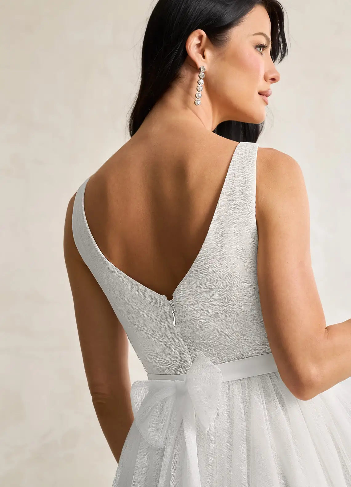 Dramatic Modern Fashion tulle bow back detail V-Neck Polka Dot Tulle Midi Wedding Dress with Bow Back