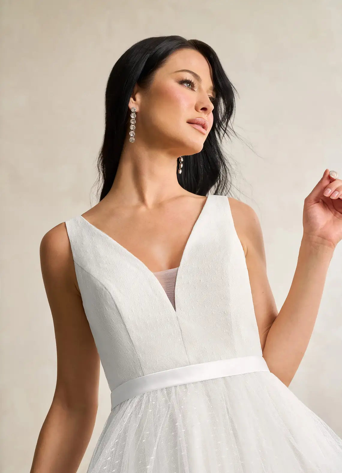 Dramatic Modern Fashion tulle bow back detail V-Neck Polka Dot Tulle Midi Wedding Dress with Bow Back