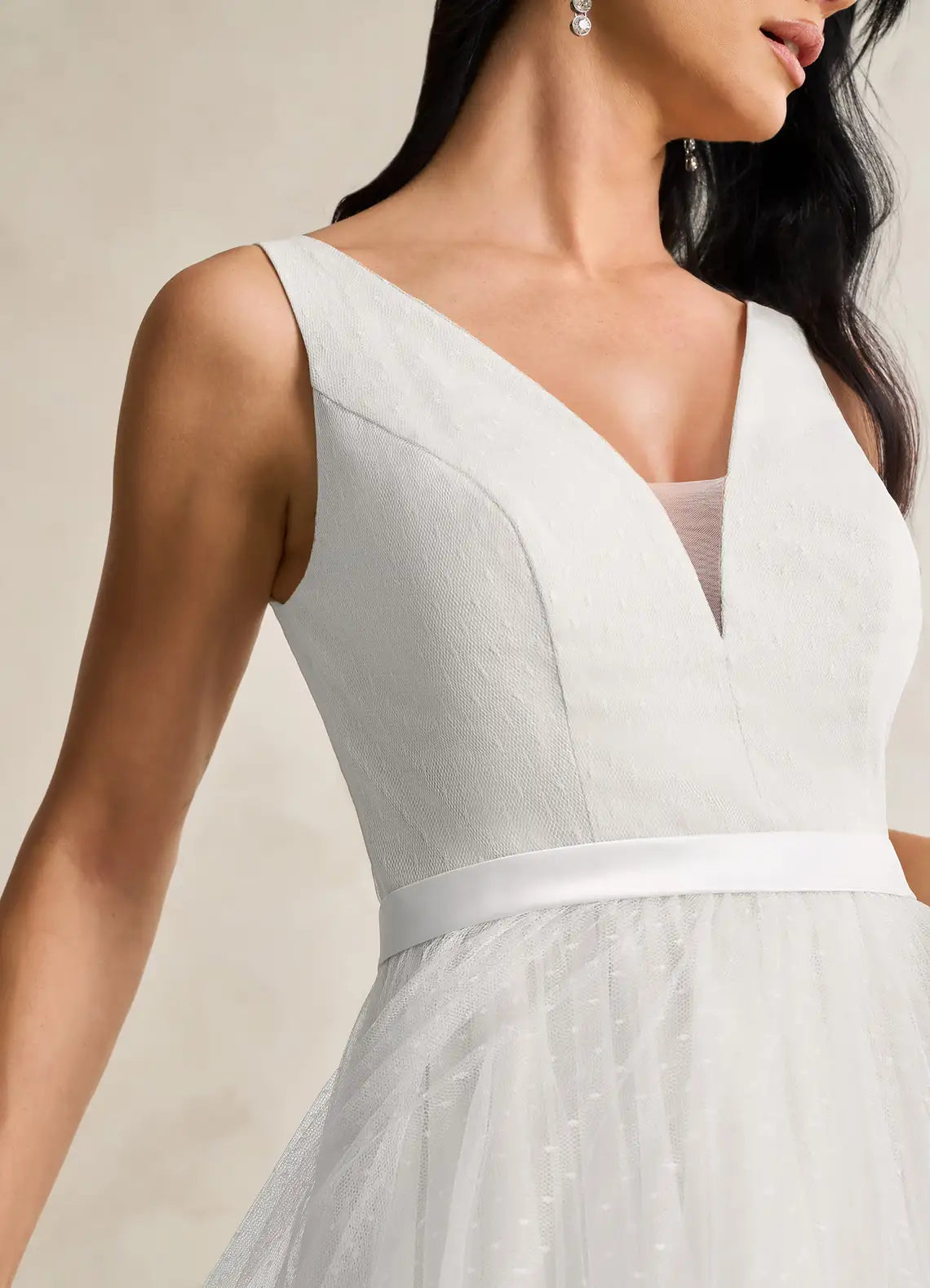 Dramatic Modern Fashion tulle bow back detail V-Neck Polka Dot Tulle Midi Wedding Dress with Bow Back
