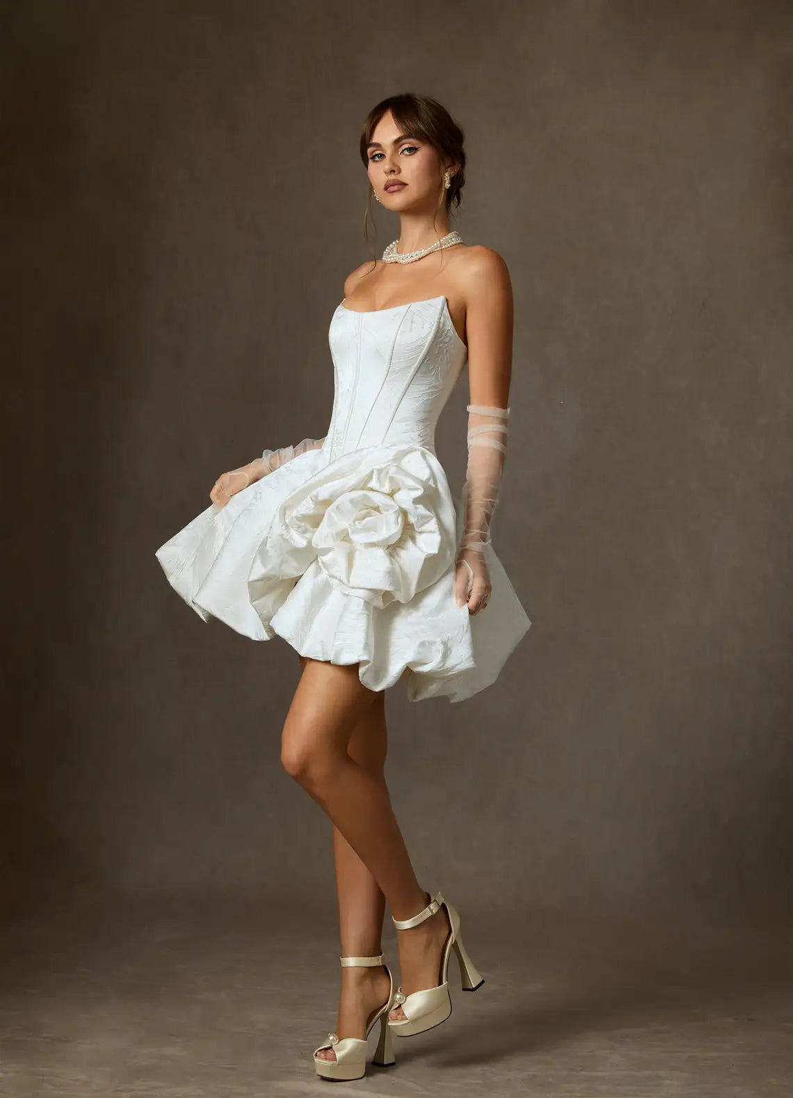 Dramatic oversized 3D rose appliques Strapless Jacquard Corset Mini Wedding Dress with 3D Floral Detail