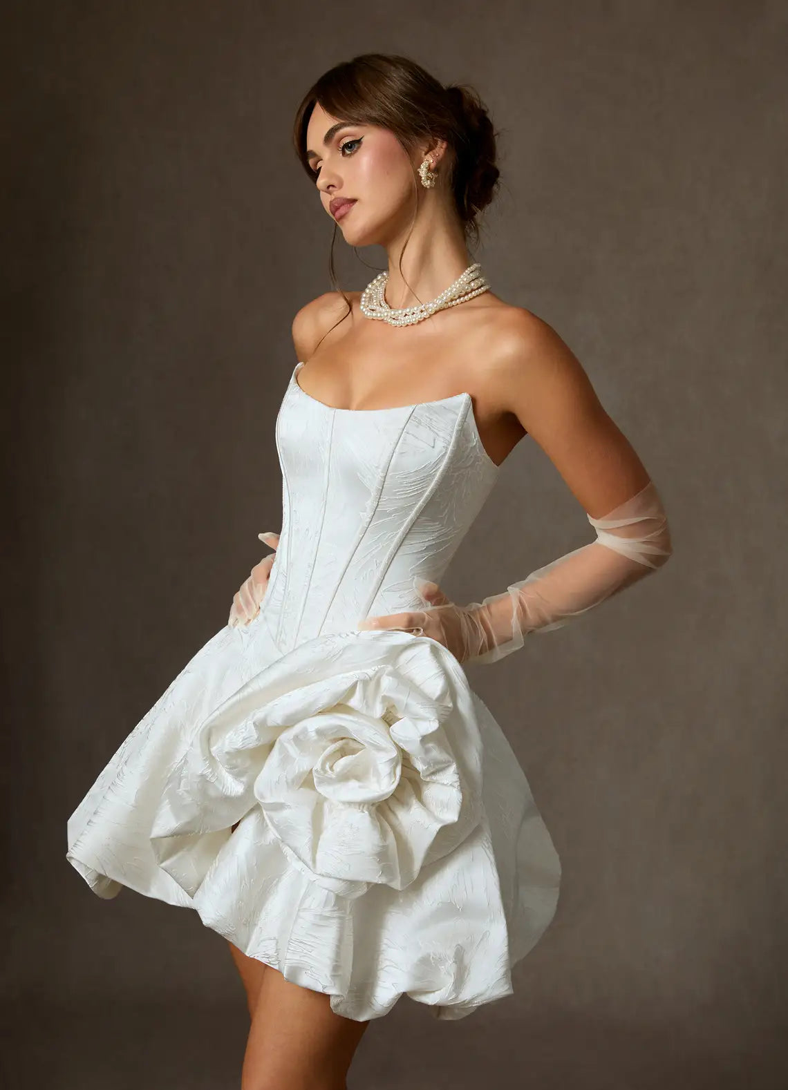 Dramatic oversized 3D rose appliques Strapless Jacquard Corset Mini Wedding Dress with 3D Floral Detail