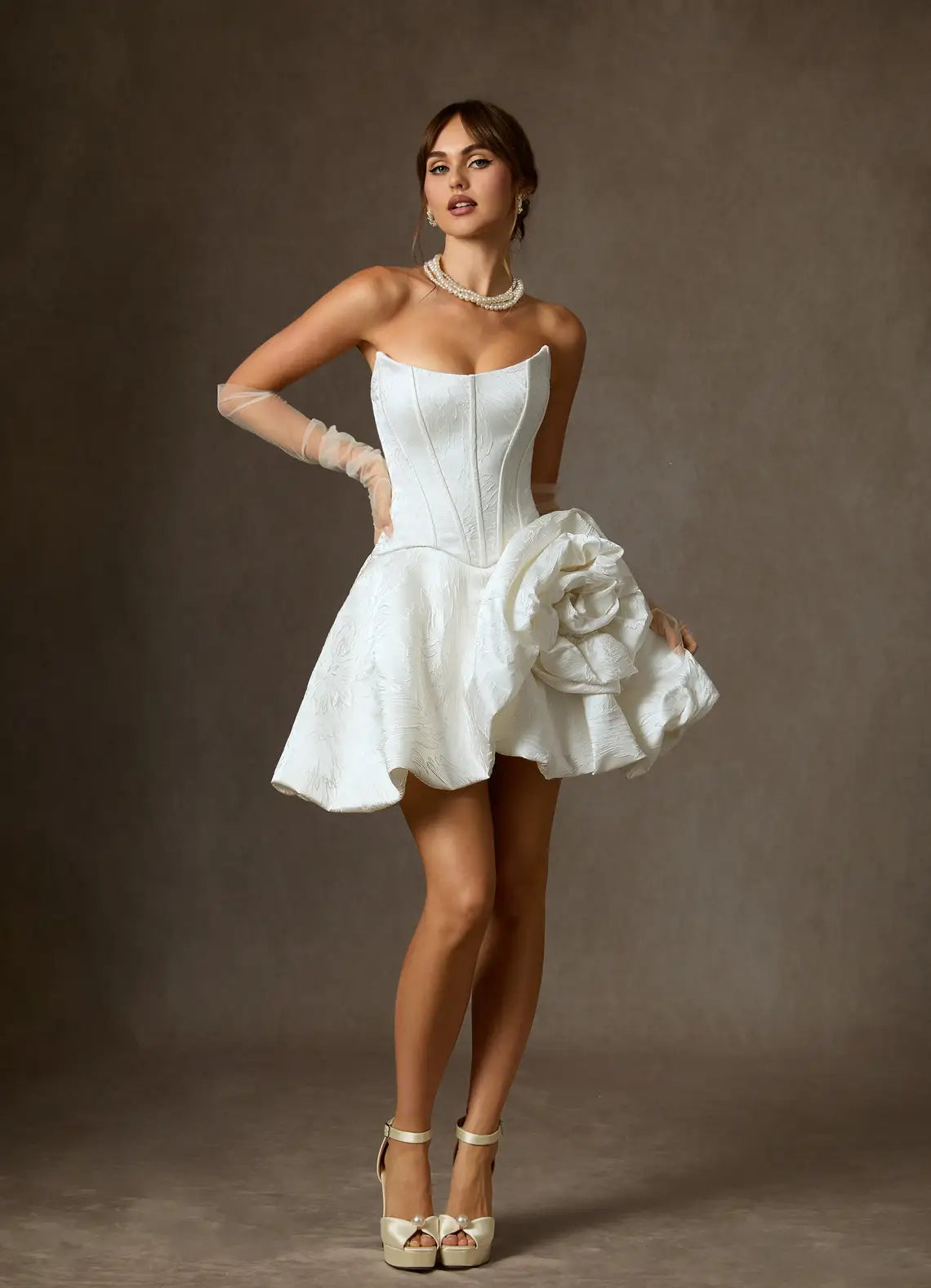Dramatic oversized 3D rose appliques Strapless Jacquard Corset Mini Wedding Dress with 3D Floral Detail