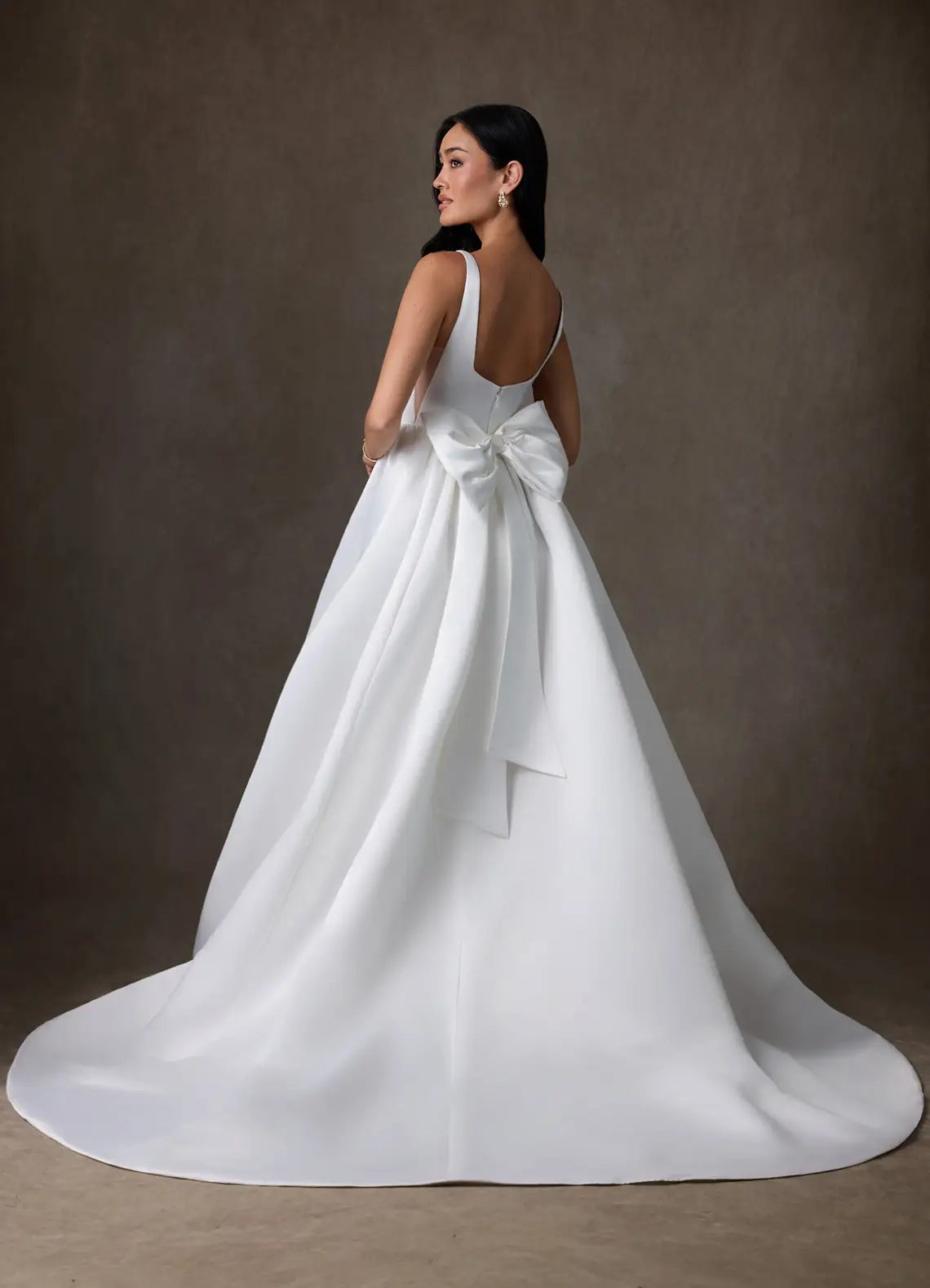 Dramatic oversized bow back detail Square Neck Ball Gown Wedding Dress with Oversized Bow Back Detail