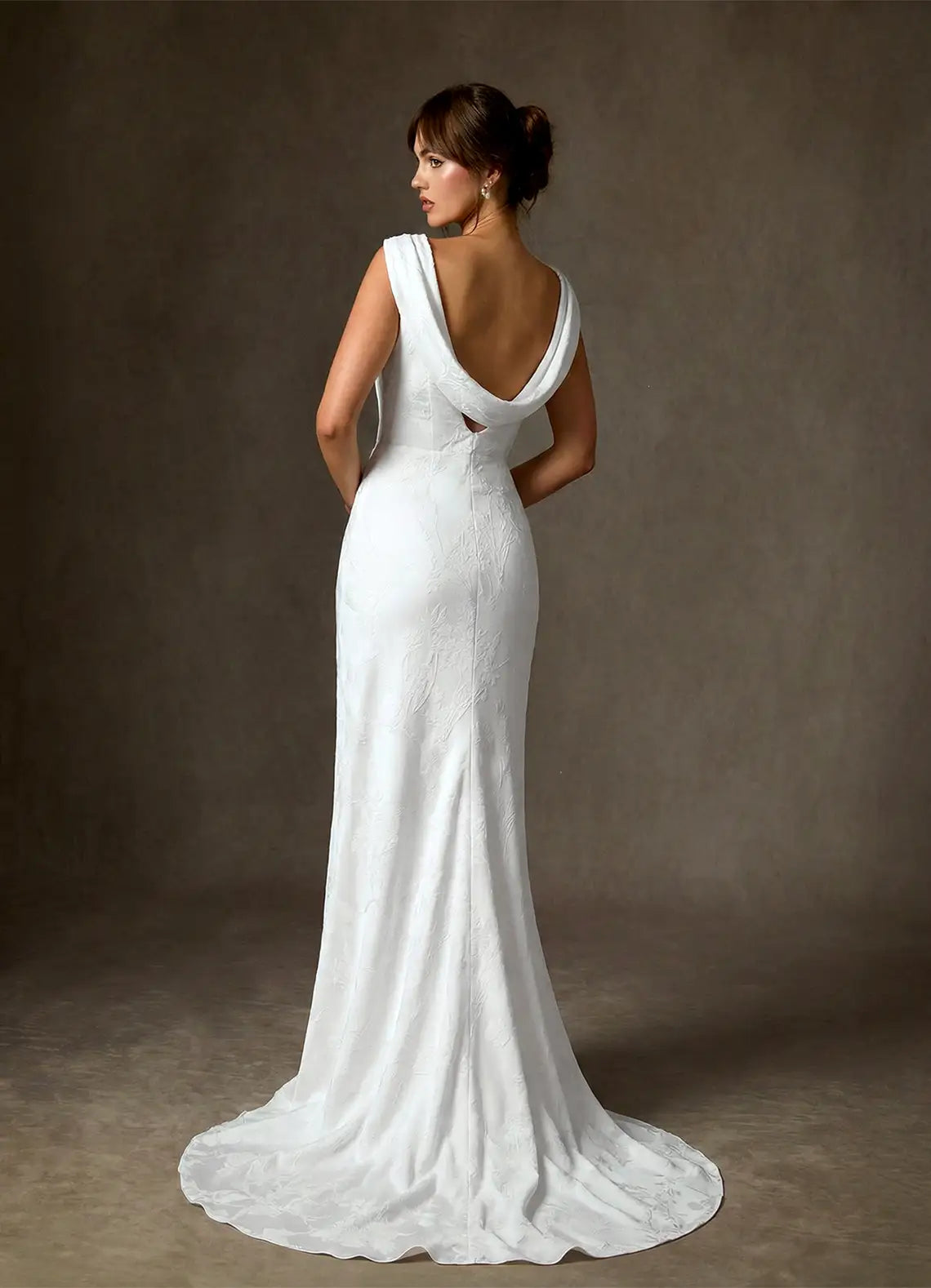 Draped cowl back with subtle train Cowl Neck Jacquard Mermaid Wedding Dress with Cowl Back