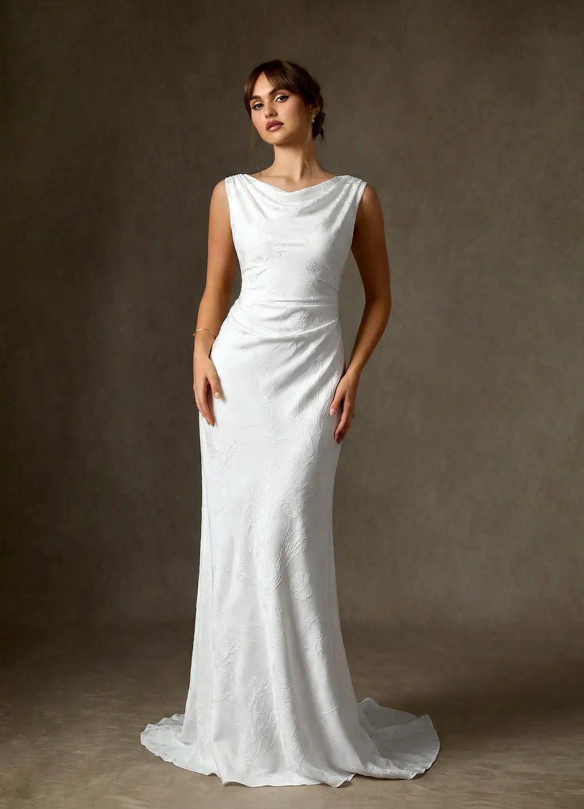 Draped cowl back with subtle train Cowl Neck Jacquard Mermaid Wedding Dress with Cowl Back
