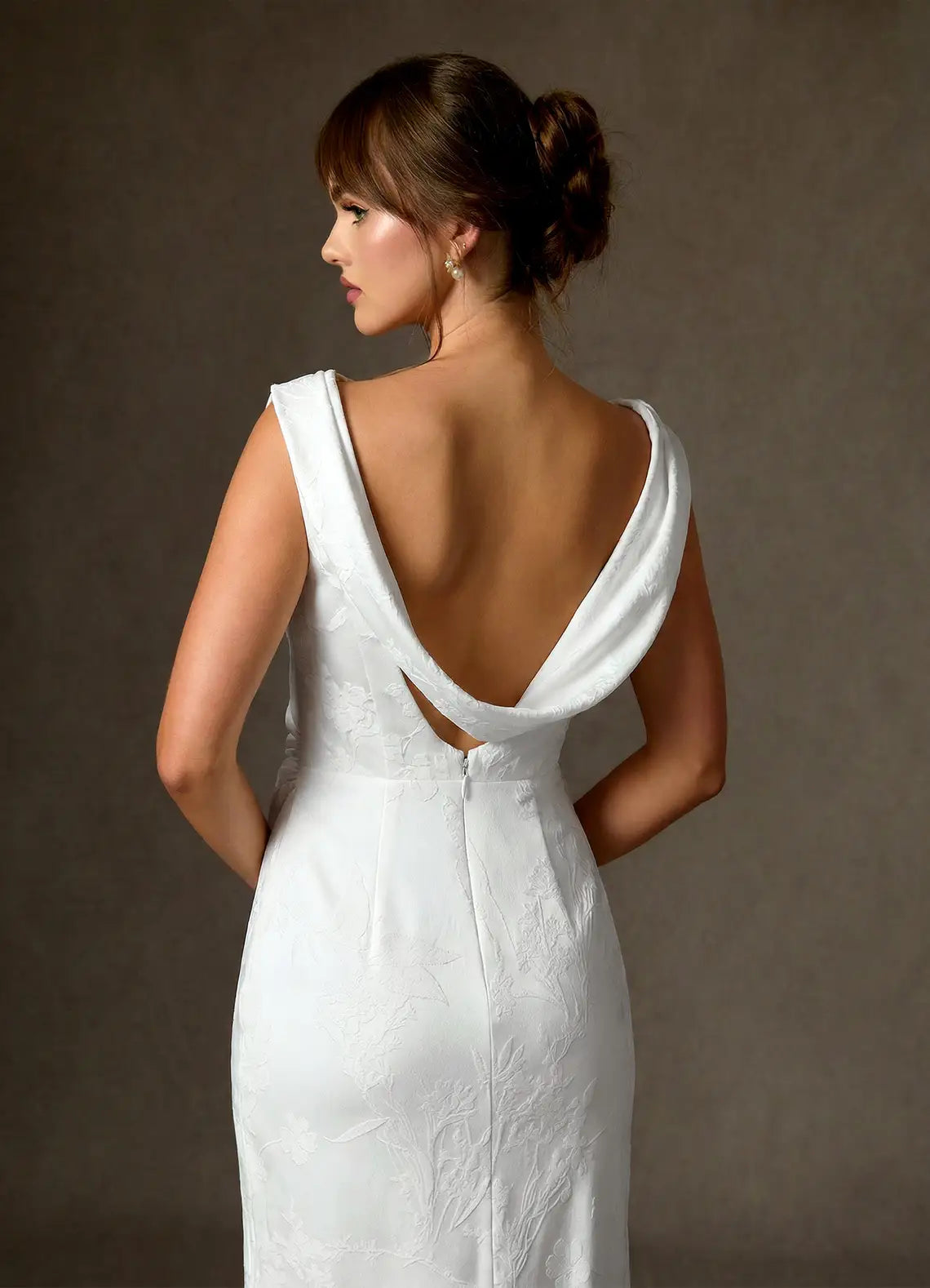 Draped cowl back with subtle train Cowl Neck Jacquard Mermaid Wedding Dress with Cowl Back