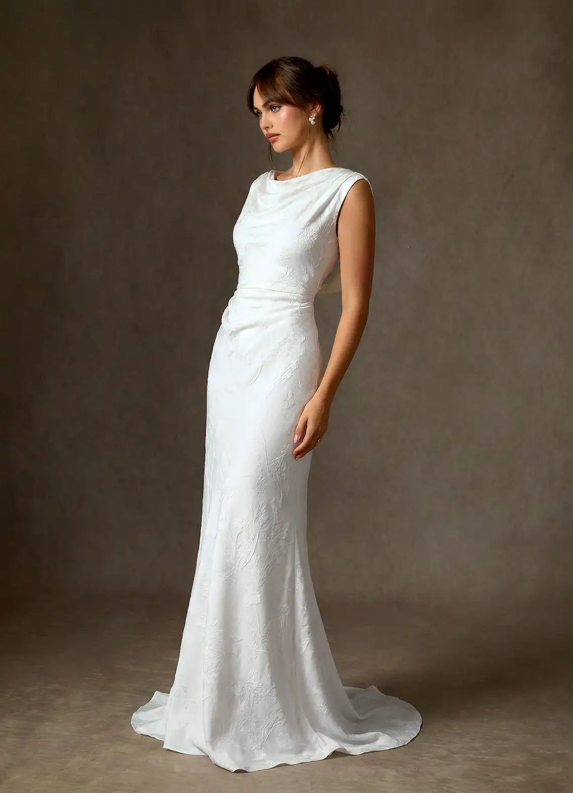 Draped cowl back with subtle train Cowl Neck Jacquard Mermaid Wedding Dress with Cowl Back