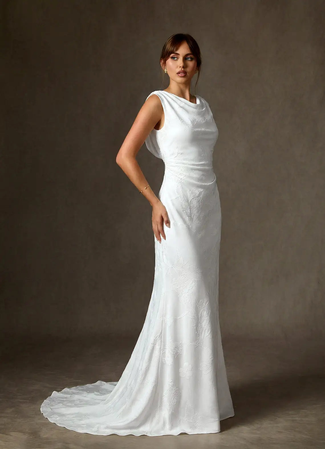 Draped cowl back with subtle train Cowl Neck Jacquard Mermaid Wedding Dress with Cowl Back