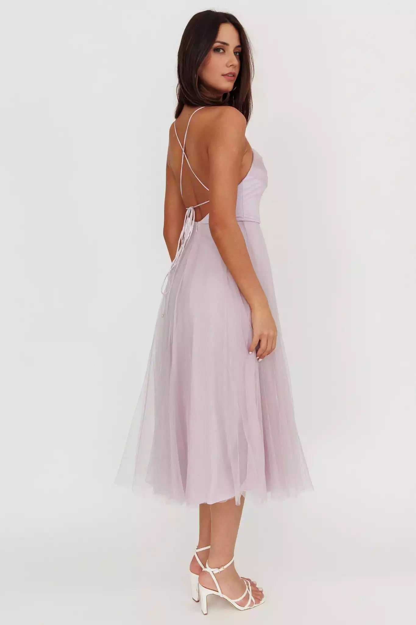 Dreamy chiffon mid length backless lace up pad with invisible back zipper Prom Dresses