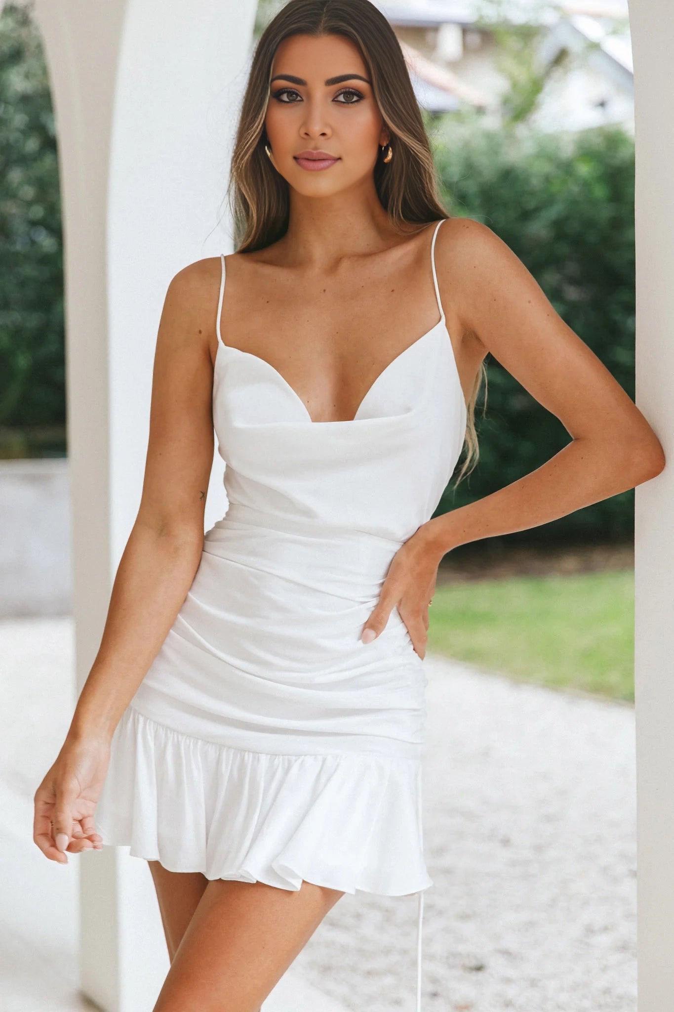 Dreamy mini adjustable suspender neck collar with drawstring pleats on the sides, wide ruffles at the hem, and a zipper at the back Homecoming Dresses