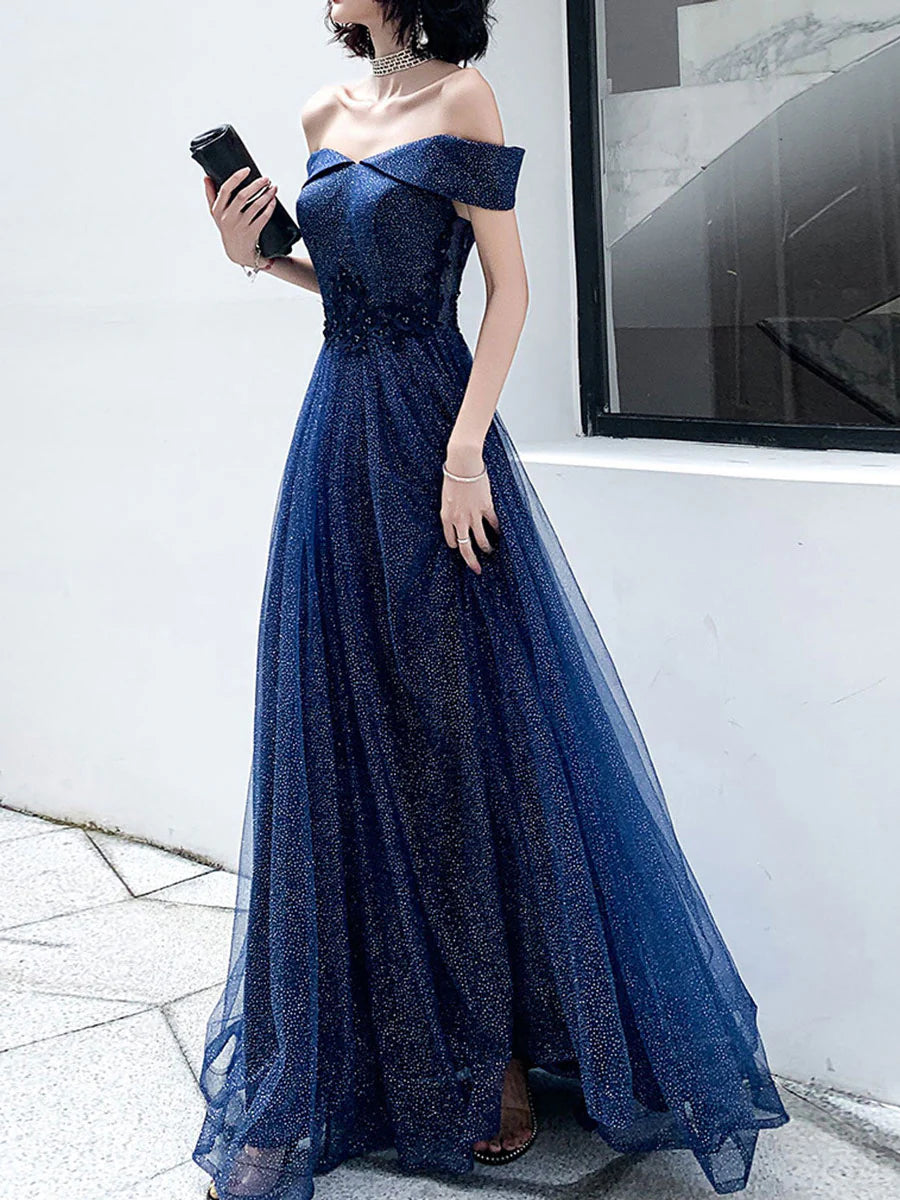 Tulle Long Prom Dress A-Line Tulle Off Shoulder Blue Wedding Party Dresses
