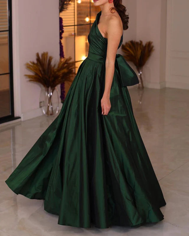 Long Taffeta Evening Dresses One Shoulder Bow Back