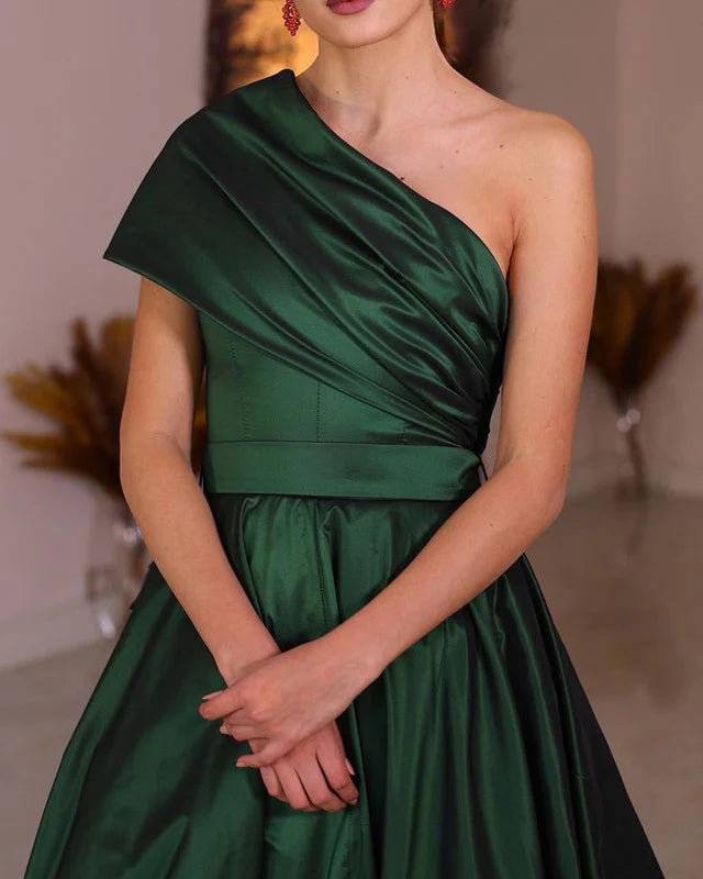 Long Taffeta Evening Dresses One Shoulder Bow Back