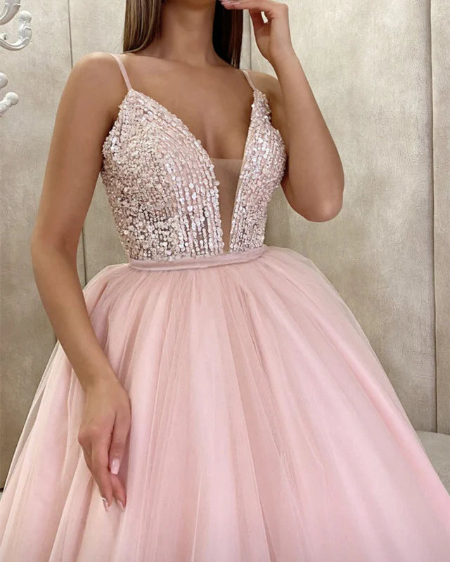 Tulle Ball Gown Plunge Neck Evening Dresses With Sequins