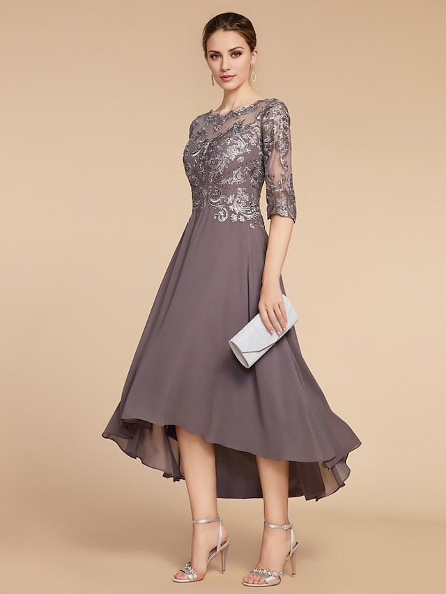 asymmetrical mother of the bride dresses A-Line/Princess One-Shoulder 3/4 Length Sleeves  Sheath/Column Neckline Hyacinth Flowing A-Line Lace Asymmetrical