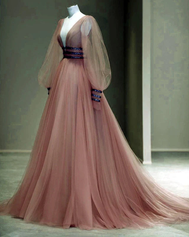 Long Sleeves Evening Dresses Tulle V Neck