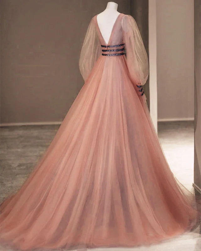 Long Sleeves Evening Dresses Tulle V Neck