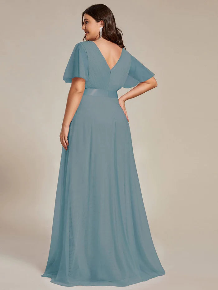 Women's Floor-Length Plus Size Formal Bridesmaid Dress with Short Sleeve