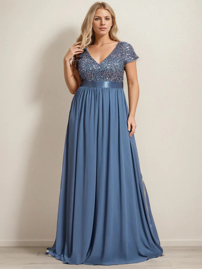 Plus Size Empire Waist V-Neck Cap Sleeve Chiffon Formal Evening Dress