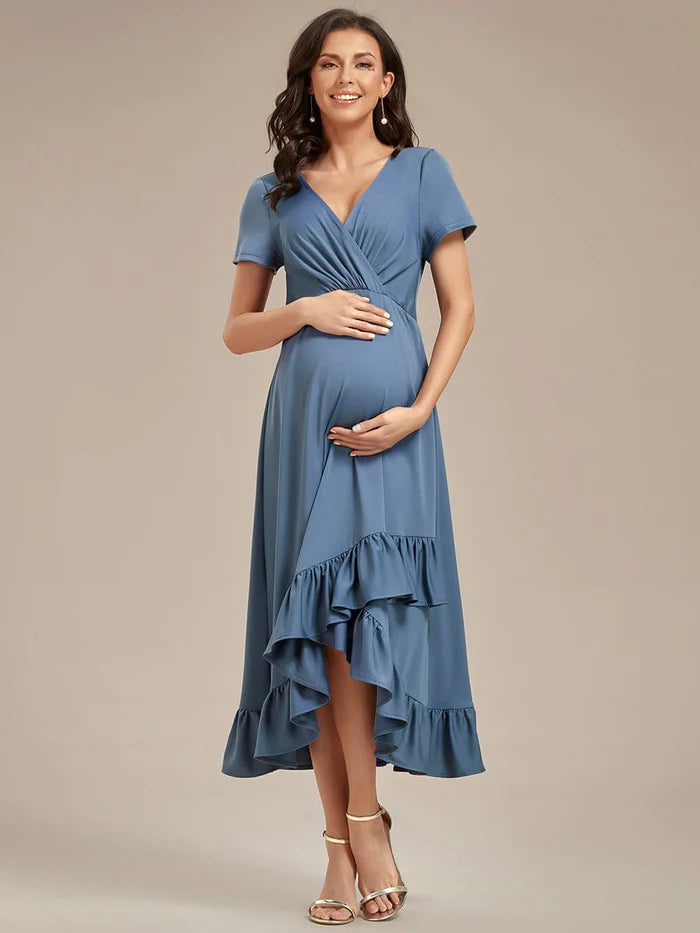 Ruffles High Low Hemline V-Neck High Stretch Maternity Dress