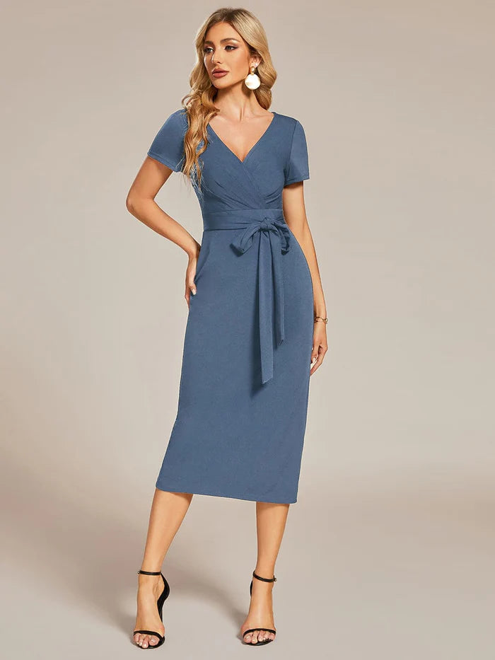 Short Sleeves V-Neck Tie-Waist Sheath Wedding Guest Dress