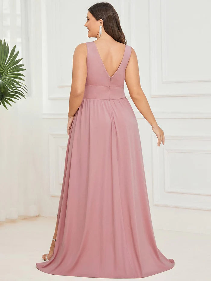 Plus Size Sleeveless V-Neck Empire Waist High Slit Floor-Length Evening Dress